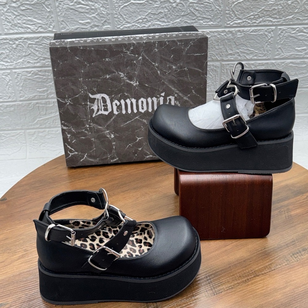 Demonia Sprite-02 Black Vegan Leather Platform Mary Janes Heart Buckle Size 6